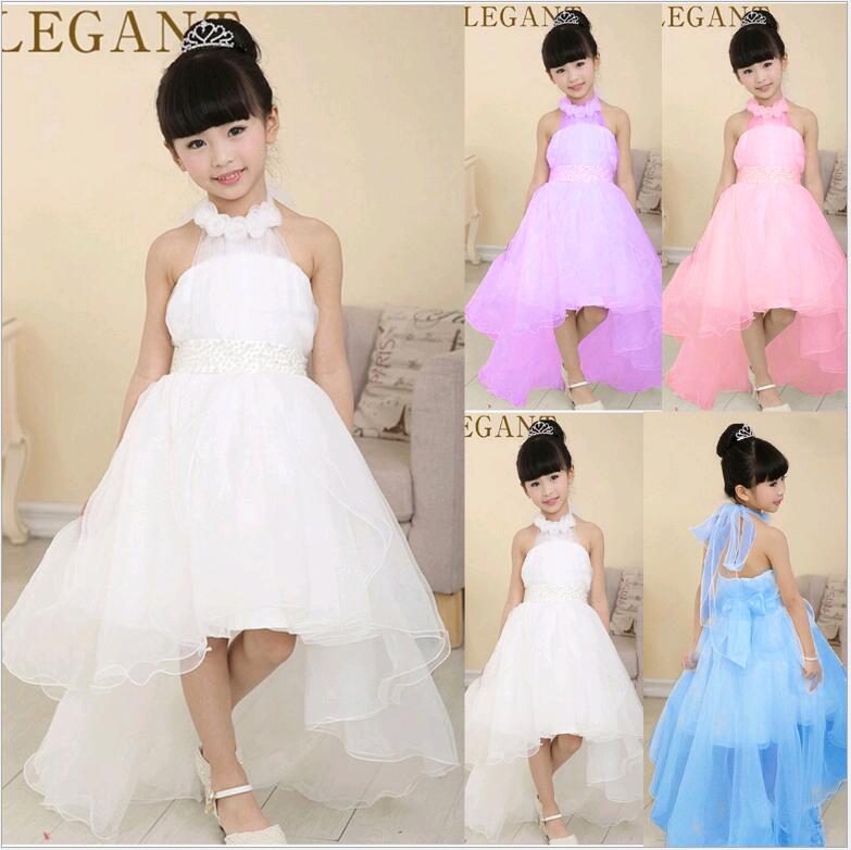 Elegant Baby Girl Asymmetric Halter neck Princess Long Tail Flower Girl Dress Tutu Wedding Party Backless Trailing Ball Gown Prom Dress 12-image-401015546
