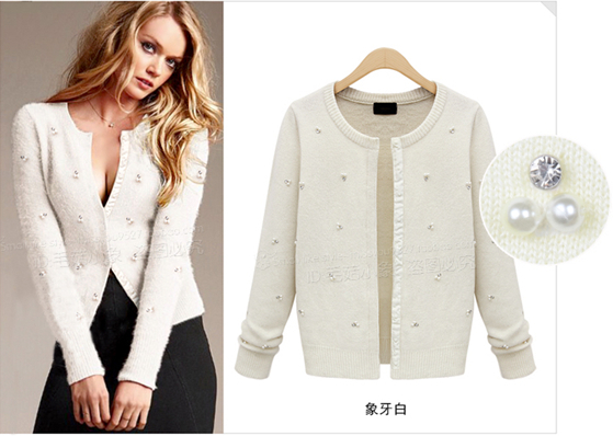 Wholesale- Free shipping 2017 Women's Street Fashion Beading Single Breasted Sweater long-sleeved round collar Female Slim Cardigan