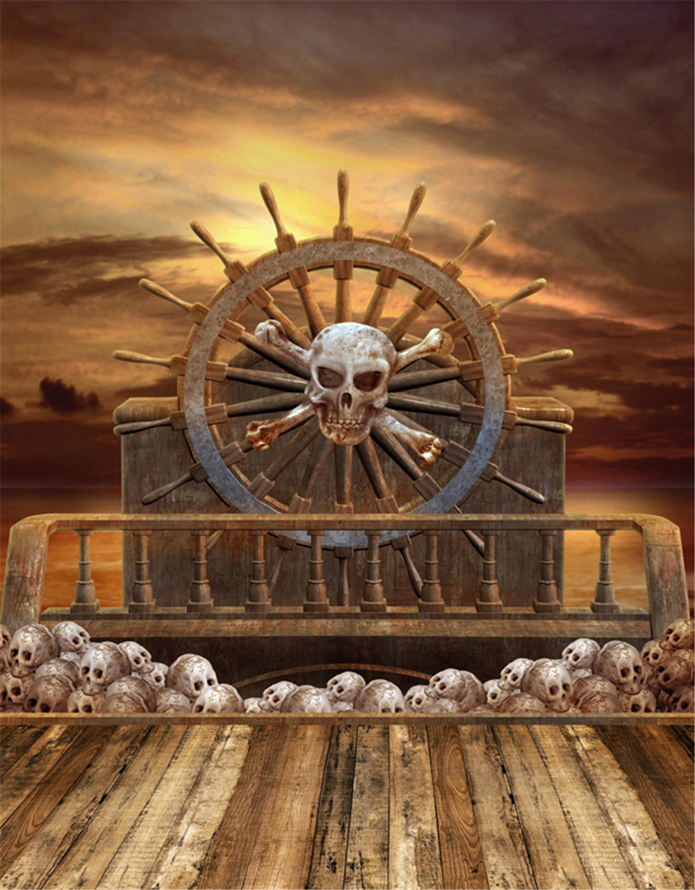 

Wooden Pirate Ship Children Photography Backdrop Wood Flooring Skulls Nightfall Sky Kids Studio Photo Shoot Backgrounds Vintage