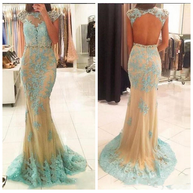 

Grace Champagne Mermaid Long Prom Dresses 2018 Lace Appliques Beaded Sexy Backless Plus Size Formal Evening Dress Party Gown, Dark green