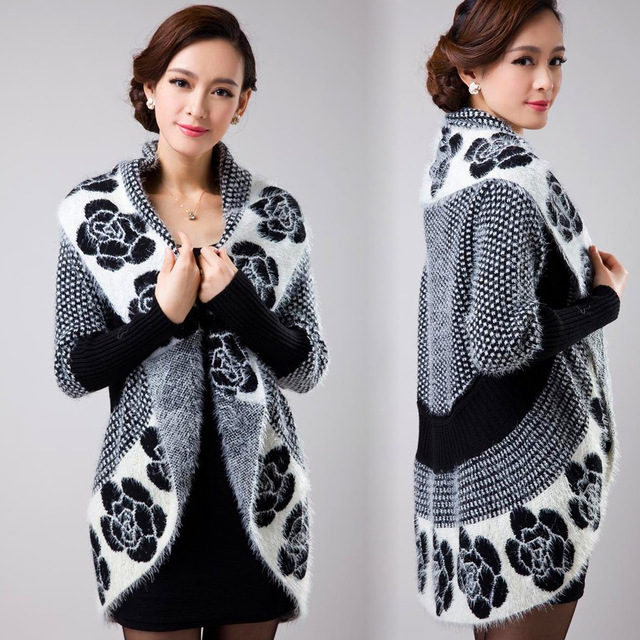 

Knitted Cardigan women woolen sweater cashmere coat Hollow shawl bat cardigan women's clothing big size Free shipping S18, Black