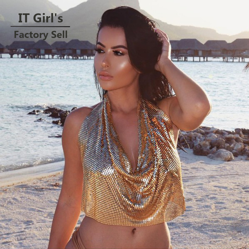 

Wholesale- 2016 New Style Sexy Cropped Tops Chic Metal Gold Bralette Top Camis Dropped V Spaghetti Strap Ladies Vest Short Clothes, Silver