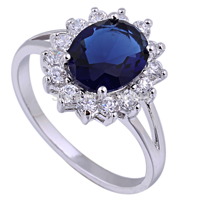 

Upscale Brand Jewelry Full Cubic Zirconia 18K White Gold Blue Crystal Women Engagement Wedding Princess Rings A984