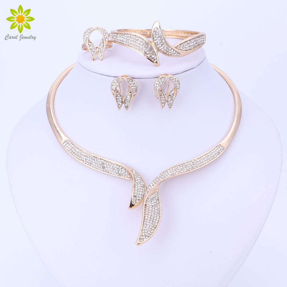 

Jewelry Sets For Women Fine Crystal Choker Necklace Set African Beads Earrings Gold Color Wedding Dress Accessories