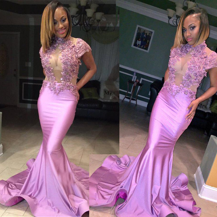 

Cap Sleeve High Neck Mermaid Lilac Illusion Flowers Appliques Prom Dress See Through Long Evening Dress vestido largo de fiesta, Champagne