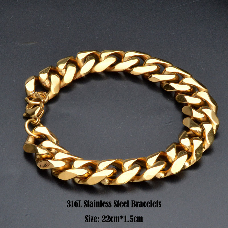 

316L Stainless Steel Men Jewlery Fashion Cuban Link Chain Bracelets Punk Bangle Twisted Pulsera Gold 22cm*1.5cm