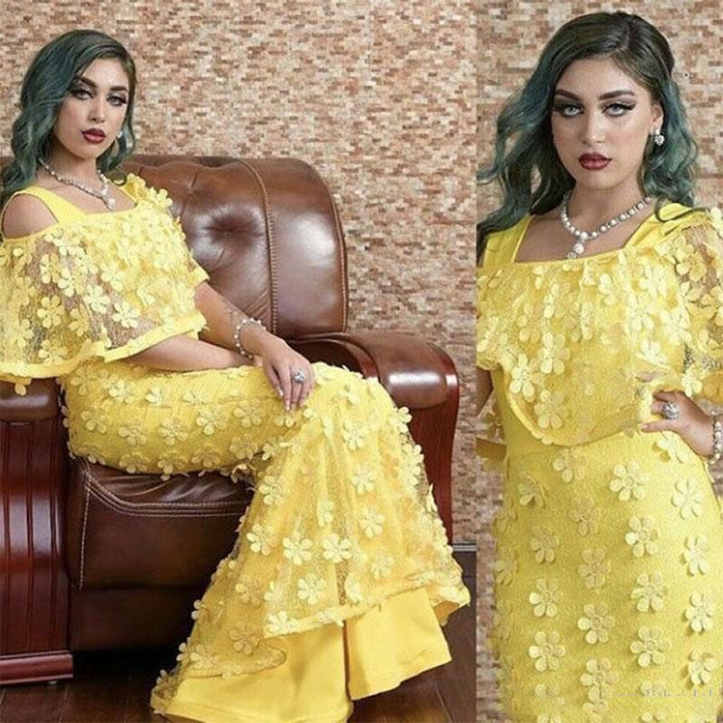 

Saudi Arabic Yellow Mermaid Prom Dresses Dubai Floral Petals Satin Evening Gowns Floor Length Off Shoulder Formal Party Dresses Vestidos, Gold