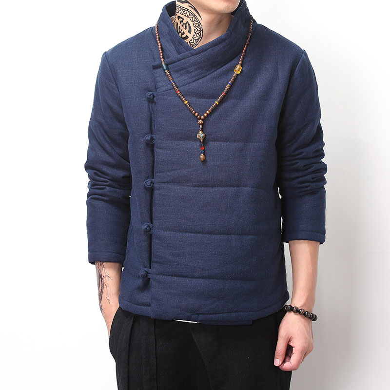 Wholesale- Chinese style vintage winter coat men wadded jacket Buddhism outerwear Oblique placket buttons parka khaki blue black color