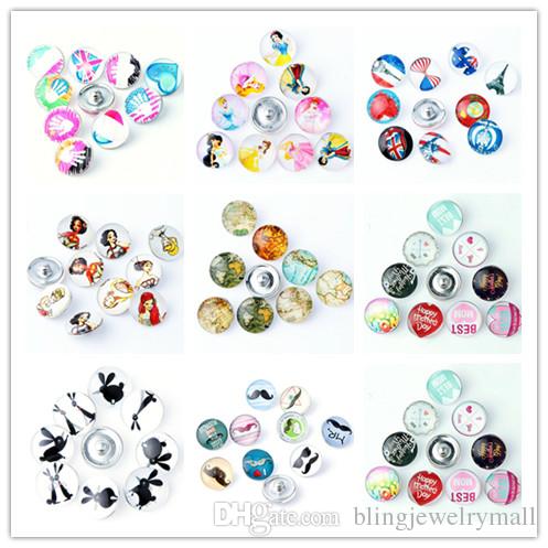 

Random Mix Colors Style Snap Buttons Beads 18mm Print Glass Cabochon Fit DIY Snap Bracelets&Bangles Jewelry