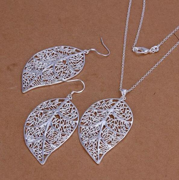 Lose Money Promotions! 925 silver jewelry set, fashion jewelry set Leaf Earrings Necklace Jewelry Set S180-image-170508416