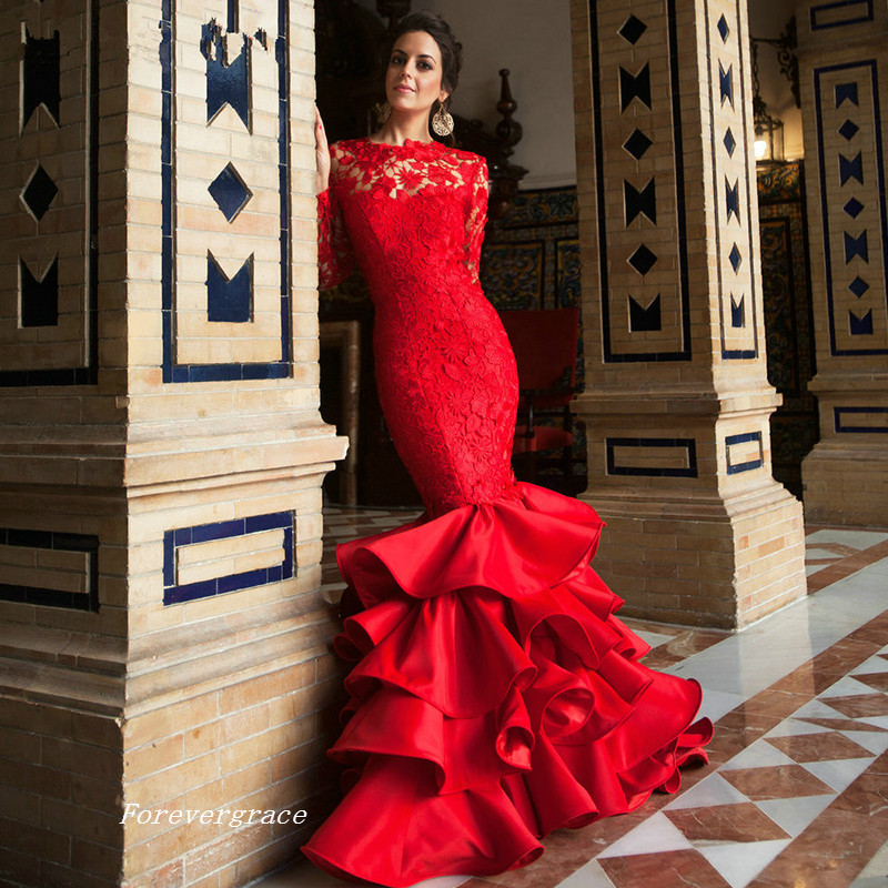Elegant O Neck Long Sleeve Prom Dress Mermaid Lace Backless Satin Ruffles Formal Evening Party Gown Custom Made Plus Size