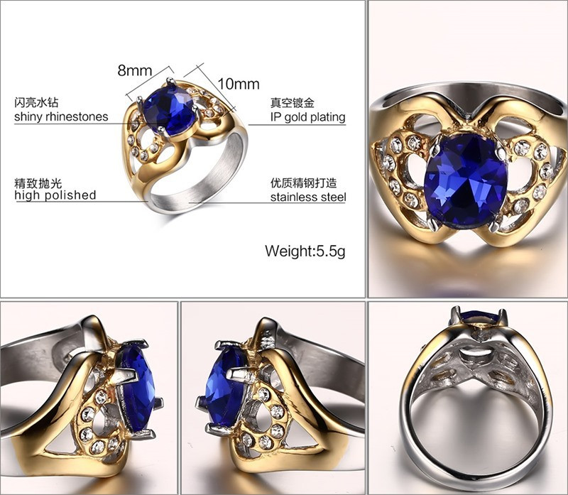 

2019 Fashion Style 316L Stainless Steel Rings for Women Wedding Jewelry with Big Blue Rhinestone US Size 5 6 7 8 bague femme