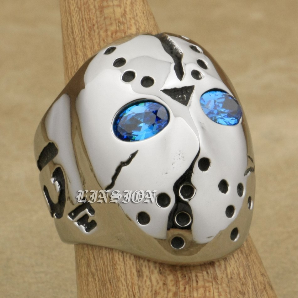 

LINSION 316L Stainless Steel Halloween Jason Mask Hockey Blue CZ Eyes Mens Biker Rocker Punk Ring Cubic Zirconia Ring 3F101