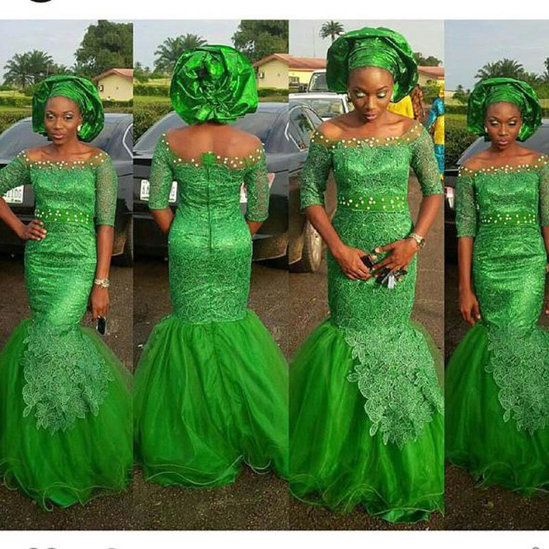 Green Lace Bellanaija Arabic Evening Dresses Half Sleeve 2019 New Nigerian Styles African Fashion Off Shoulder Mermaid Traditional Prom Gow