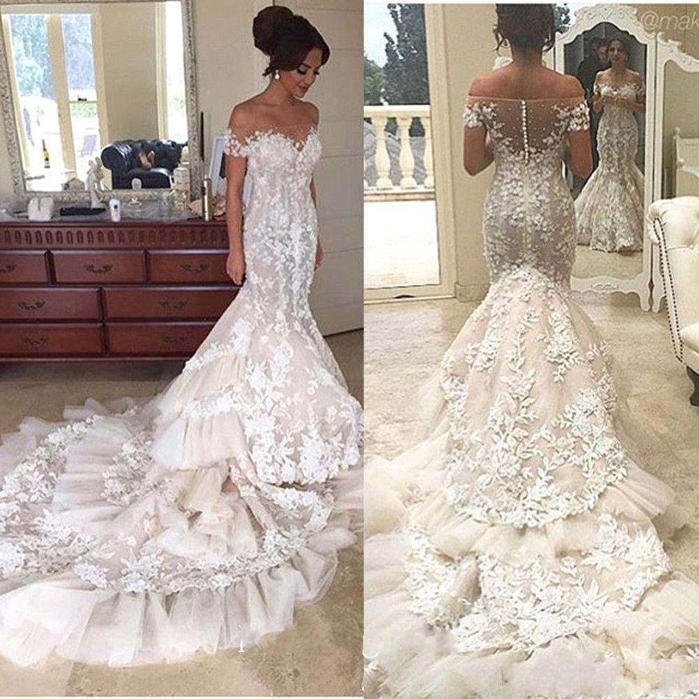 

2017 Luxury 3D Floral Appliques Lace Mermaid Wedding Dresses Off the Shoulder Short Sleeve Tiered Skirts Bridal Gowns Long Train BA4118, White