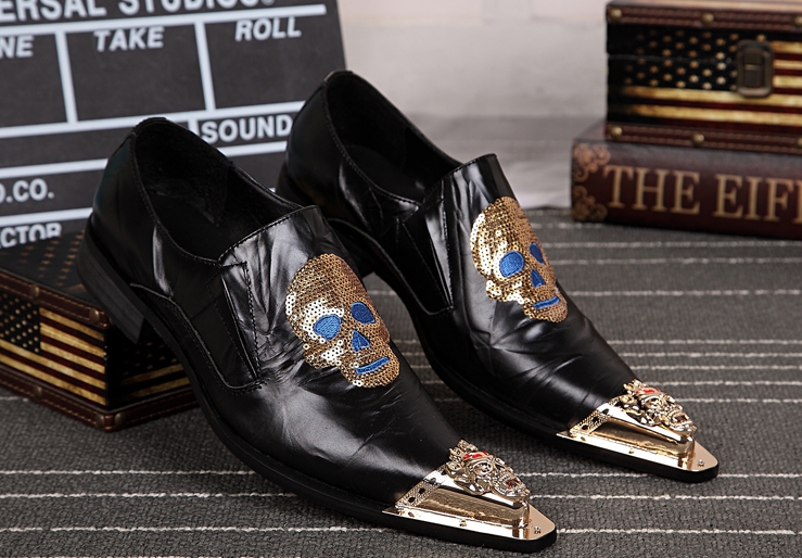 Gold Iron Head Skull Pattern 2017 Men Fashion Shoes Pointed Toe