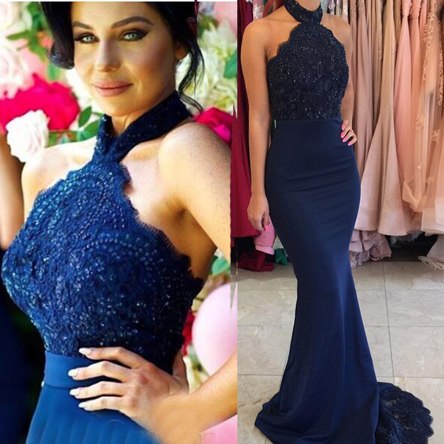 

Beads Lace Mermaid Modest Sweep-Train Halter Prom Dress Dark Blue Applique Lace with Crystals Party Dress Evening Gowns, Lilac