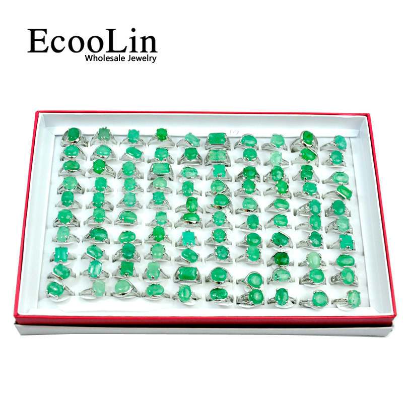 

EcooLin Brand Green Emerald Natural Stone Silver Plated Women Rings For Woman Fashion Wholesale Jewelry Bulks Lots Christmas Gift LR4007
