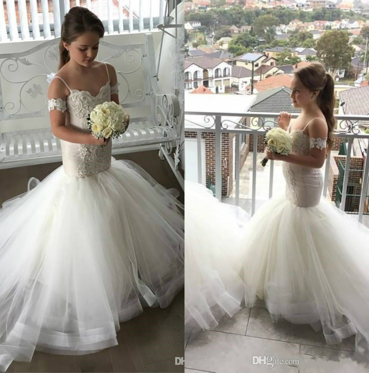 

Vintage Mermaid Flower Girl Dresses For Weddings Lace Appliques Spagetti Strap Lovely Tulle Girls Pageant Gowns, Lanvender