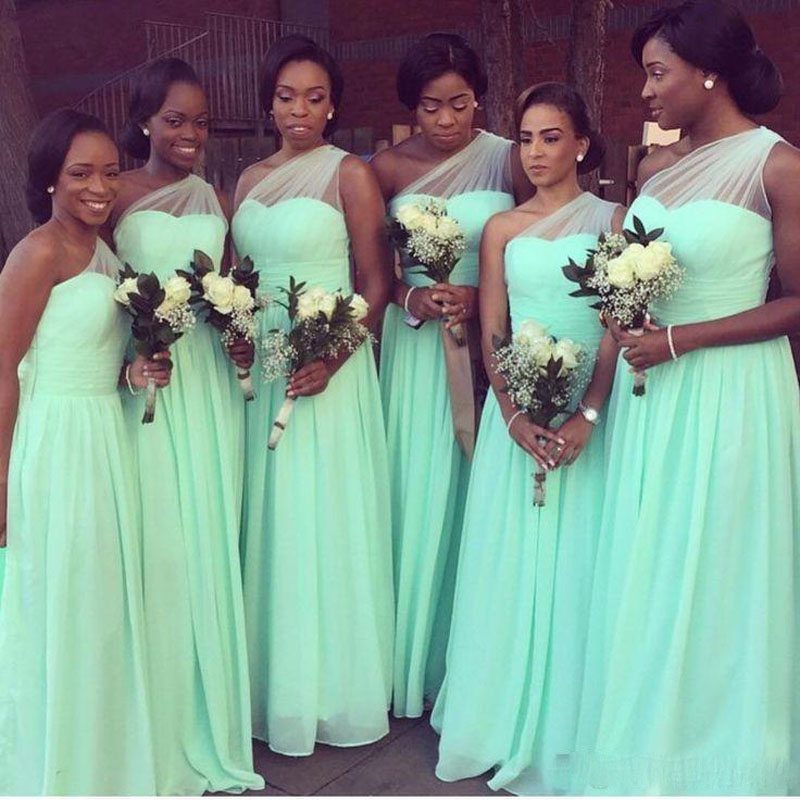 

Mint Green One Shoulder Bridesmaid Dress Chiffon Ruch Long Beach Wedding Guest Dresses Bohemian Brides Maid Gown