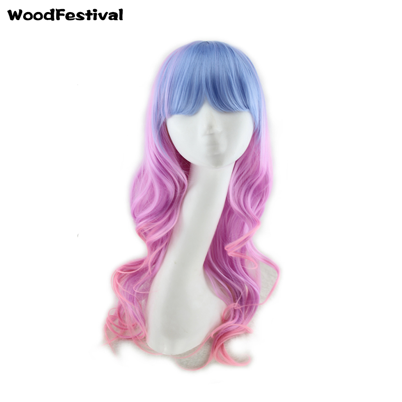 

WoodFestival omber curly wig wavy hair fiber synthetic wigs with bangs lolita long wigs for women pink burgundy blue green, 7#