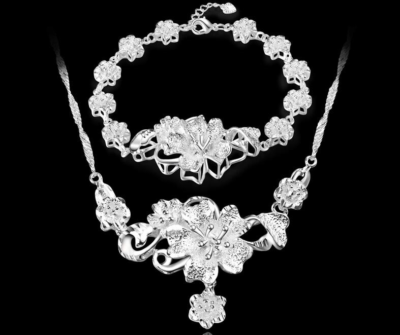

2017 New fashion Mark 925 silver platings 3D FLOWER Necklace Bracelet woman wedding Rose bracelet necklace Jewelry Set
