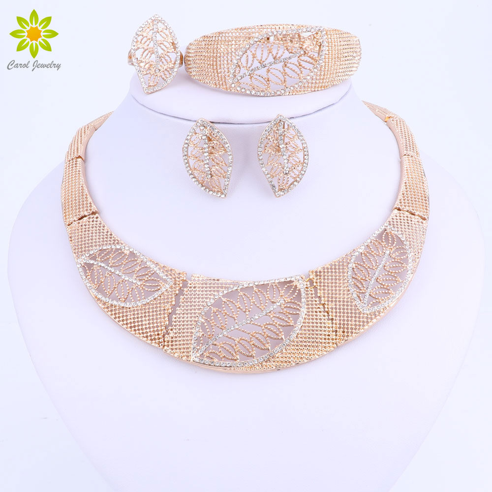 

Leaves Shape Jewelry Sets For Women Big Choker Vintage Chunky Statement Chain Necklace Bracelet Earrings Ring Accessories