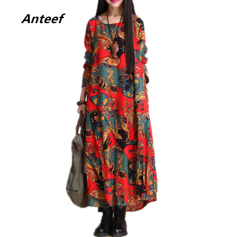 Wholesale- fashion autumn style cotton linen vintage print plus size women casual loose long dress party vestidos femininos 2017 dresses