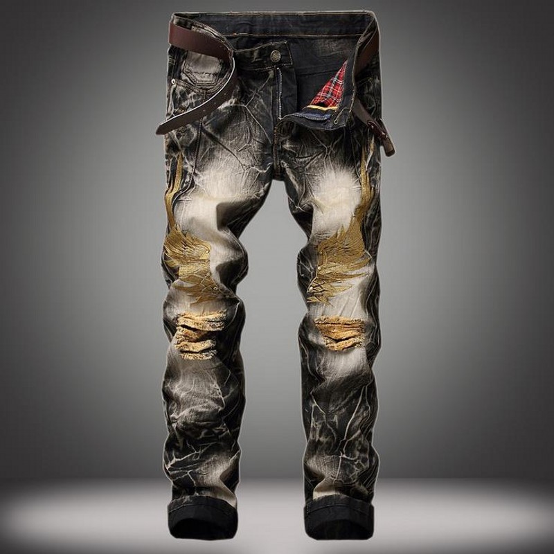 

Vintage man brand Jeans Nouveau Mode Lancinate Pantalon Embroidered Golden Wings Fear Black Ripped Large size 28-42