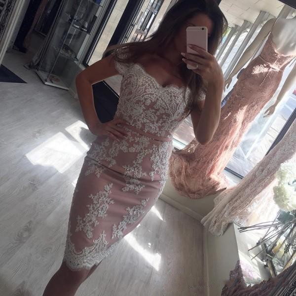 

2019 New Short Mini Homecoming Dresses Dusky Pink Off Shoulder Cap Sleeves Knee Length Sheath White Lace Beads Party Dresses Cocktail Gowns, Light yellow