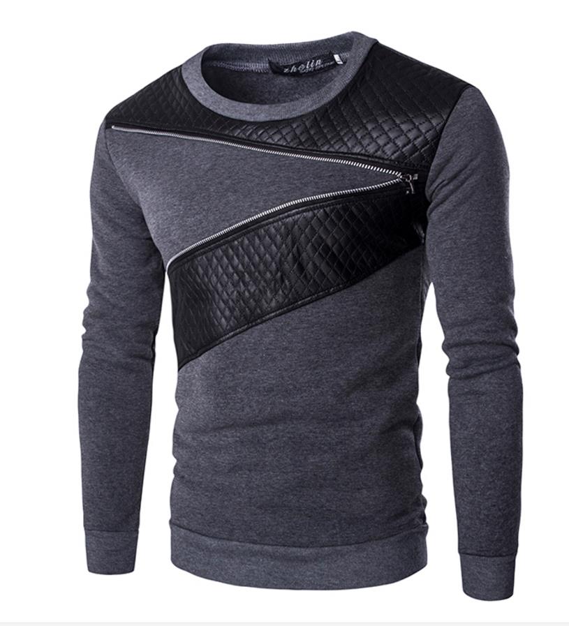 Quilting Hoodie Men 2021 Patchwork PU Leather Zipper Design Solid Color Pullover Mens Hoodies O Neck Free Ship Fashion Brief Style