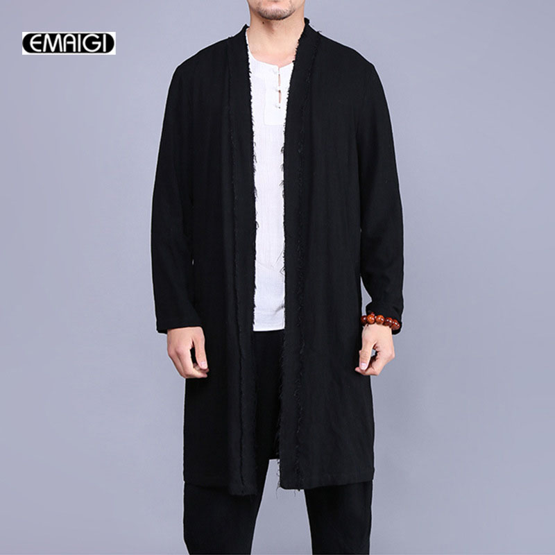 Vente en gros- 2017 nouveaux hommes trench manteau chine style lin cardigan manteau hommes vintage cassé longue veste mode coupe-vent pardessus A