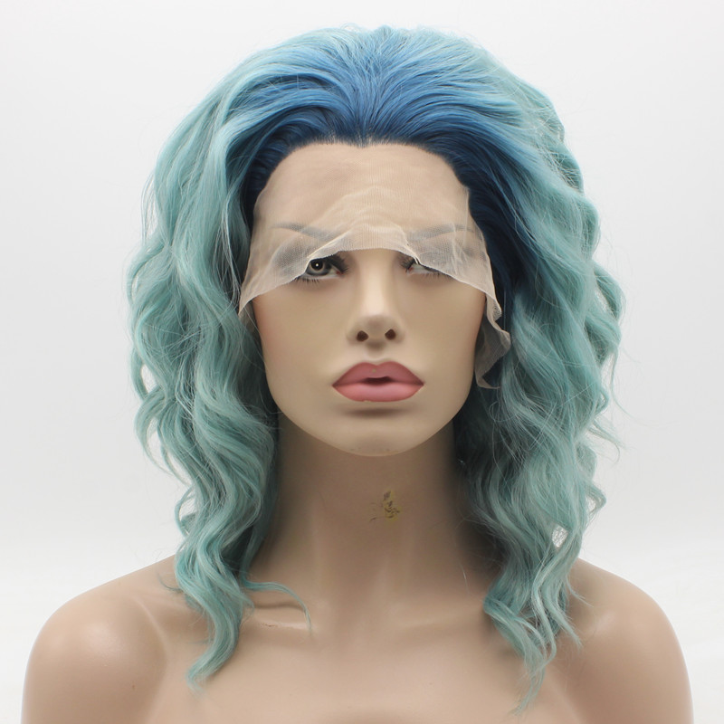 

Iwona Hair Natural Wavy Medium Long Blue Root Light Blue Ombre Wig 17#1301/4516 Half Hand Tied Heat Resistant Synthetic Lace Front Wig, Ombre color
