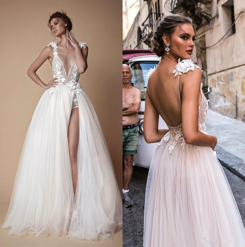 

Berta Lace Applique Wedding Dresses Sexy Spaghetti Backless Bridal Gown Floor Length A Line Split Wedding Dress, Black