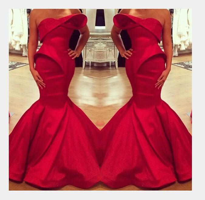 Sexy 2017 Arabia Simple Women Red Sweetheart Mermaid Evening wear Dresses Sleeveless Floor Length Satin Plus Size Cheap Party Prom Gowns