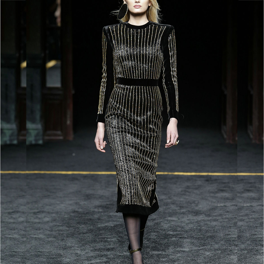 Wholesale- HIGH QUALITY New 2017 BAROCCO Runway Dress Women's Long Sleeve Gorgeous Diamonds Beading Stretch Bodycon Dress Size S-XXL