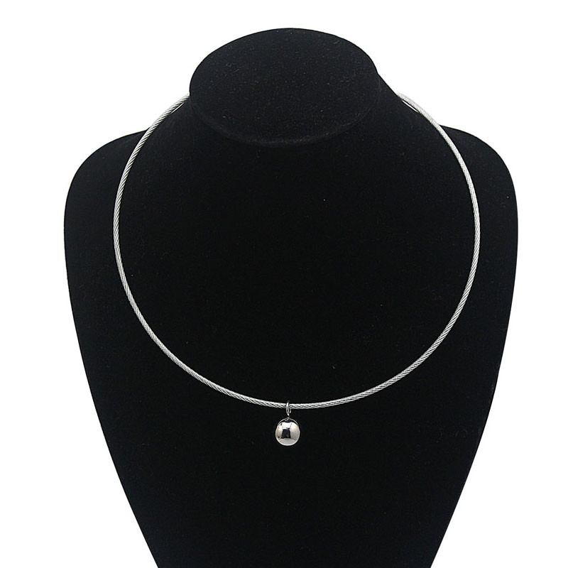 

European style simple round ball pendant Torques women ladies metal silver wire necklace collar choker statement stainless steel