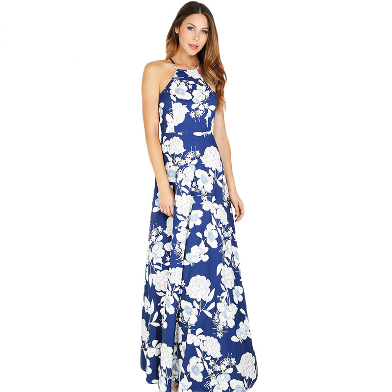 

SheIn Womens Summer Maxi Dresses New Arrival Ladies Boho Dress Sleeveless Blue Halter Neck Floral Print Vintage A Line Dress, Multi
