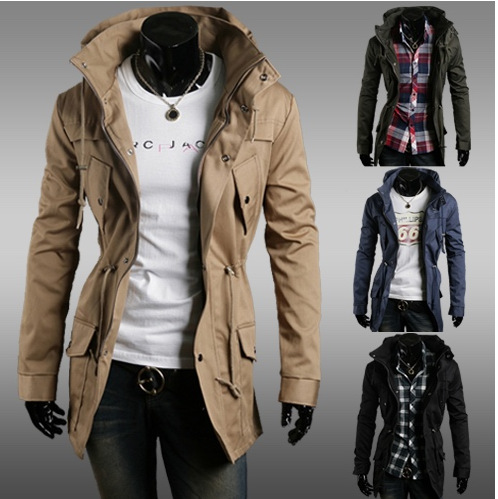 

trench coat Free Shipping Men's Long Coat High-Quality Blend Shoulder Trench waist With drawstring, Black