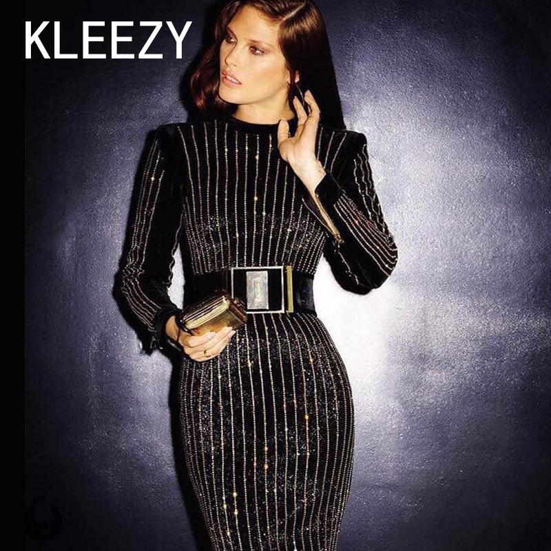 Wholesale- 2016 Luxury Long Sleeve Winter Dress Women Sexy Black Dresses With Diamond Strips O Neck Mid Calf Celebrity Party bodycon Dress