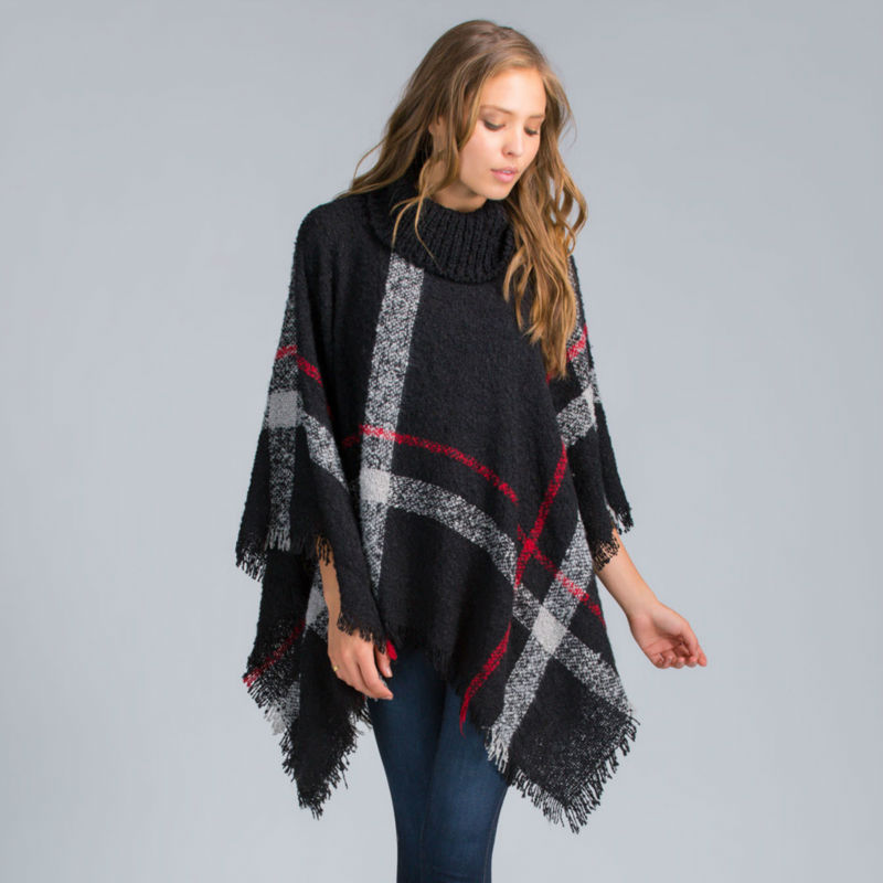 11ème, plus la taille des femmes plaid cardigan à col roulé en laine à capuche manches chauve-souris tricot pull poncho féminin gland écharpe