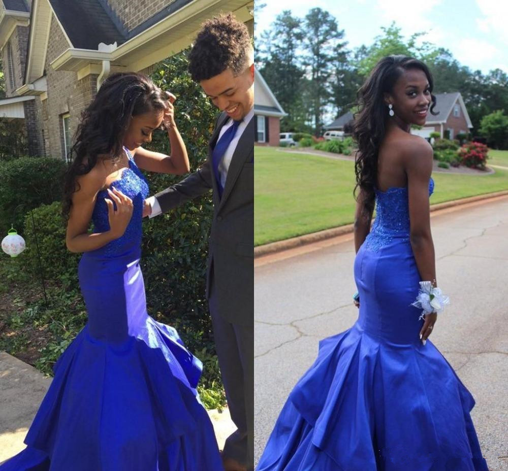 Mermaid Prom Dresses 2020 One Shoulder Sleeveless Backless Sweep Train Satin with Top Applique Royal Blue Evening Dresses