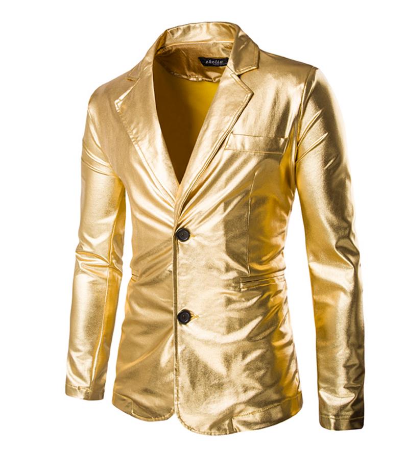 

Hot stamping costume Blazer Suits Coat Men Flare Bright Golden Silver Color Stand Collar Mens Nightclub Party Jacket Coat Free Shipping X60