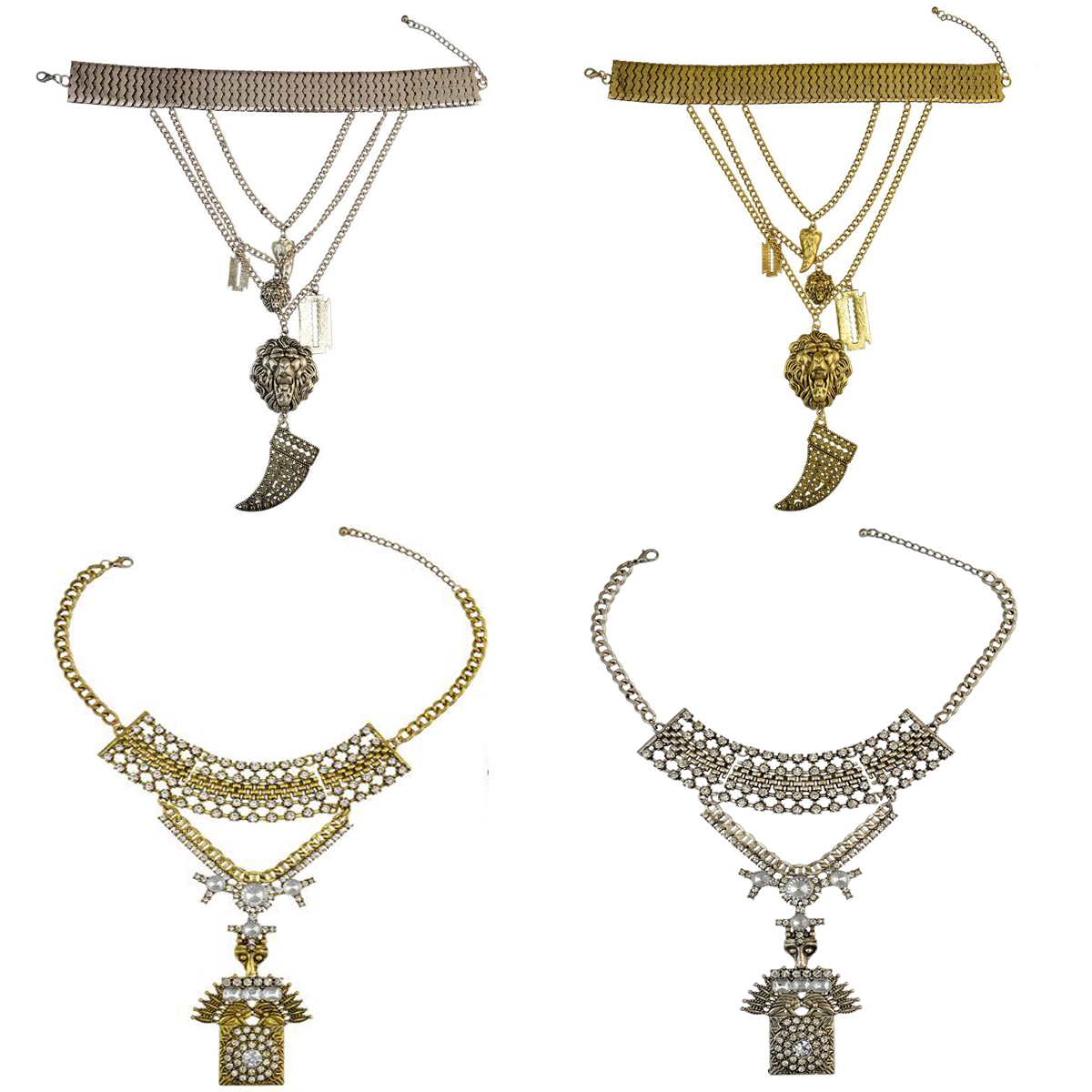 

idealway 2 Style European Lion Tooth Chain Pendant Razor Crystal Rhinestone Silver Golden Statement Choker Necklace