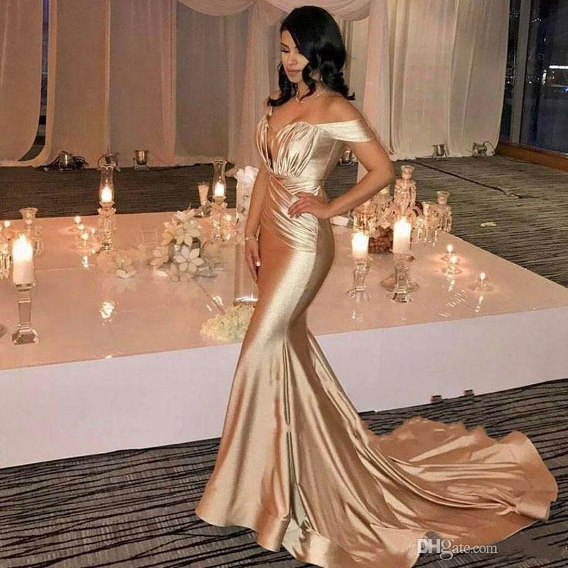 

Champagne Mermaid Dresses Evening Wear 2018 Sexy Off Shoulder Corset Pleats Satin Court Train Dubai Formal Party Prom Gowns Yousef Aljasmi, Green