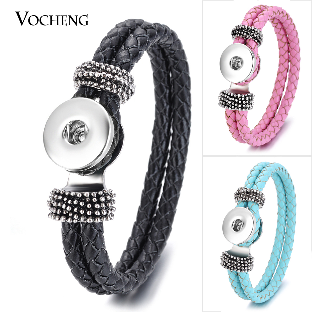

Wholesale- 10PCS/Lot Wholesale Vocheng Ginger Snap Button Bracelet 18mm 14 Colors Double Braided Leather Jewelry Vb-013*10 Charm Bracelets