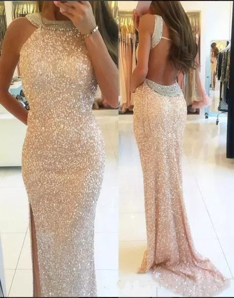 

Sexy Backless Flare Beaded Evening Dress Jewel Sheath High Split Sequined Prom Party Gown Formal Occasion Wear, White