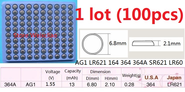 

100pcs 1 lot AG1 LR621 164 364 364A SR621 LR60 1.55V Alkaline Button Cell Battery coin batteries tray Free Shipping