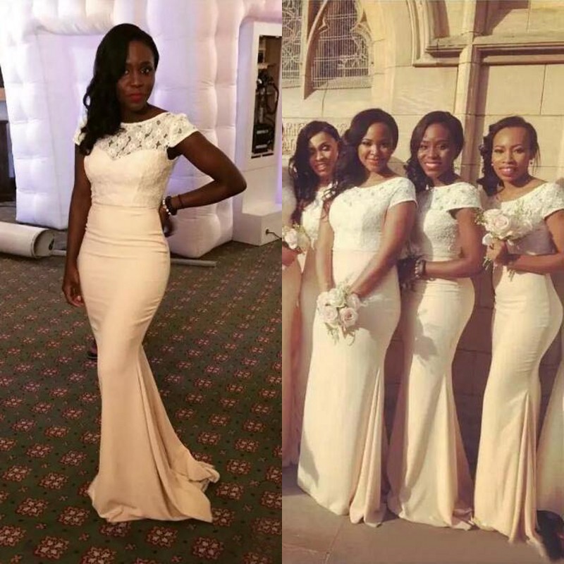 

Elegant 2017 Light Yellow Chiffon And Lace Mermaid Bridesmaid Dresses Long African Bateau Short Sleeves Maid Of Honor Gowns Custom EN71912