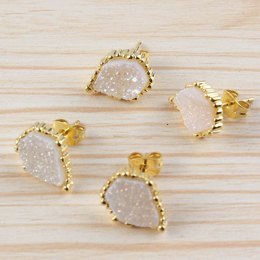 

musiling Jewelry Natural Crystal Druzy Earrings Geometric Shape Stud Earring Silver and Gold Plated Charms Ear Accessories Jewelry